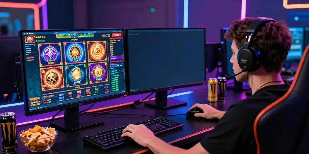 Player engaging with luxury111 gaming setup featuring dual monitors and immersive graphics.