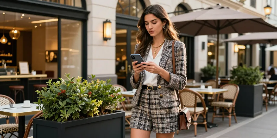 Stylish young woman engaging with her device in an upscale urban setting, highlighting ესკორტ გოგოები lifestyle.