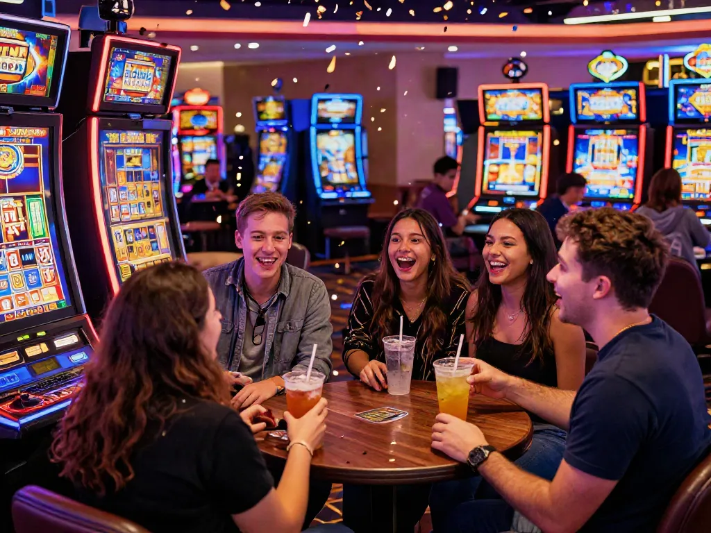 Players joyfully engaging with slot gacor machines in a vibrant casino atmosphere.