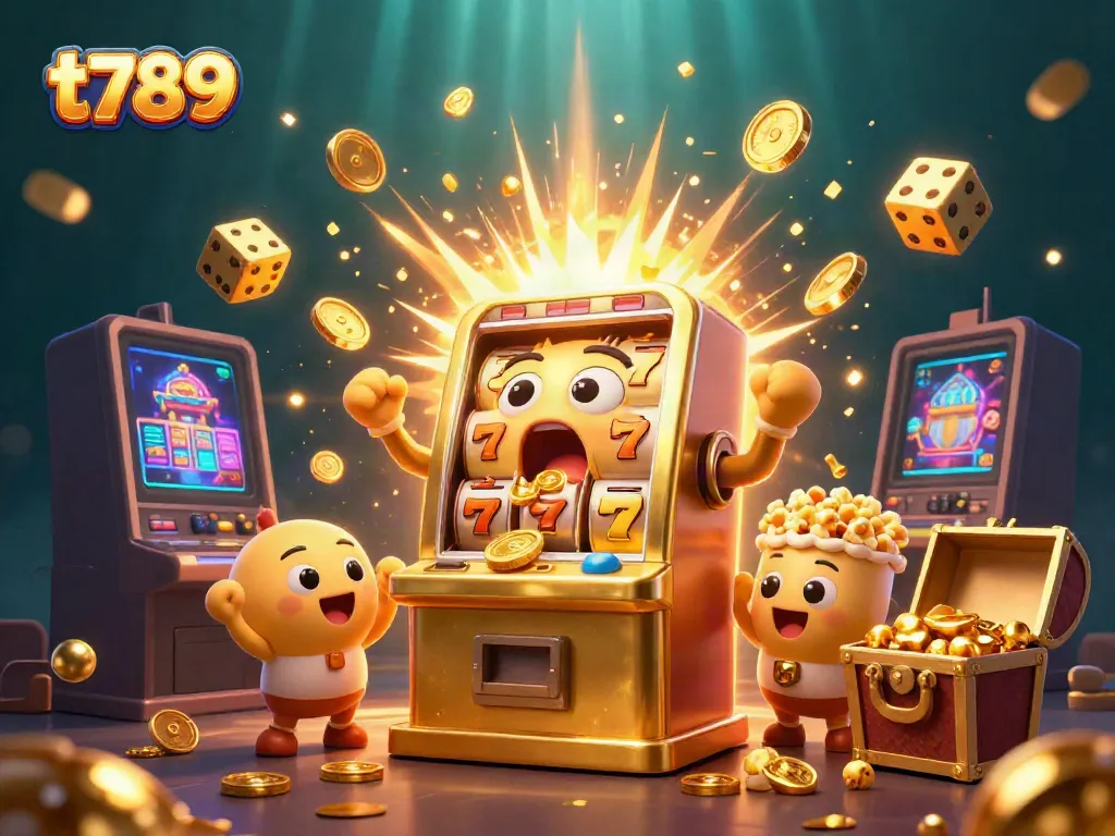 Experience thrilling wins with t789's animated jackpot scene featuring cheerful slot machines and a popcorn machine.