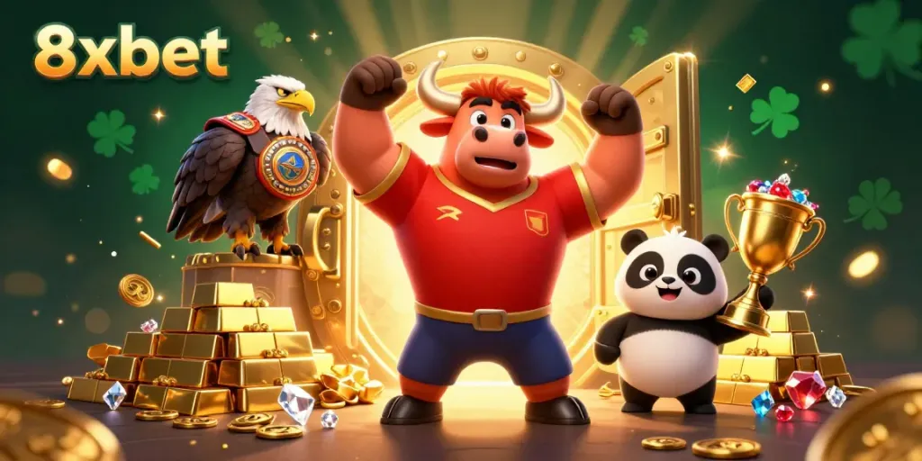 Engage with 8xbet's thrilling casino atmosphere featuring victory poses and gold treasures.