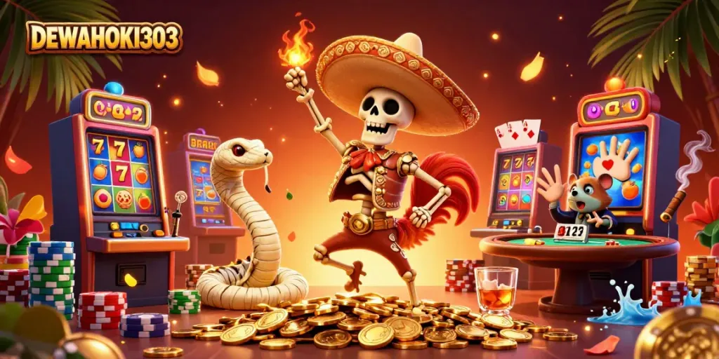 DEWAHOKI303 menampilkan ilustrasi 3D kasino dengan mesin slot dan karakter menarik.