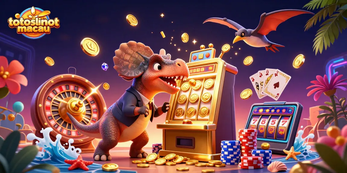 Experience the thrill of totoslotmacau with a 3D illustration of cartoon dinosaurs and jackpot coins.