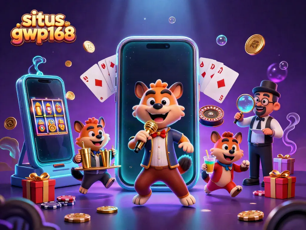 Gambarkan situs gwp168 dengan klub kasino komedi hewan, bartender dan keamanan yang aktif.