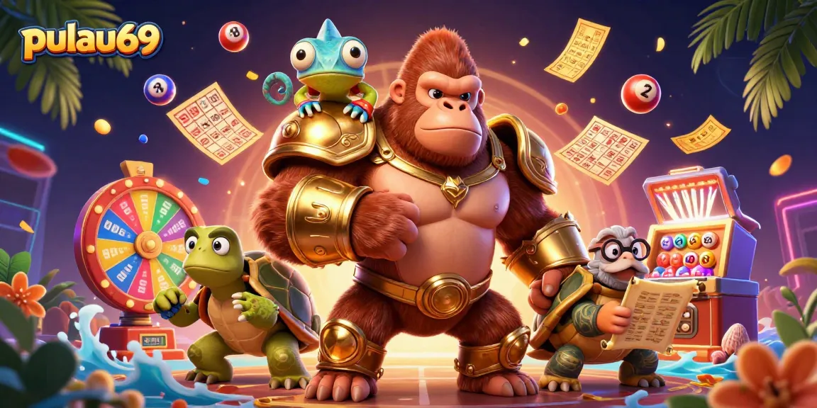 Engage with pulau69's vibrant casino experience, featuring colorful lottery elements and charismatic characters.