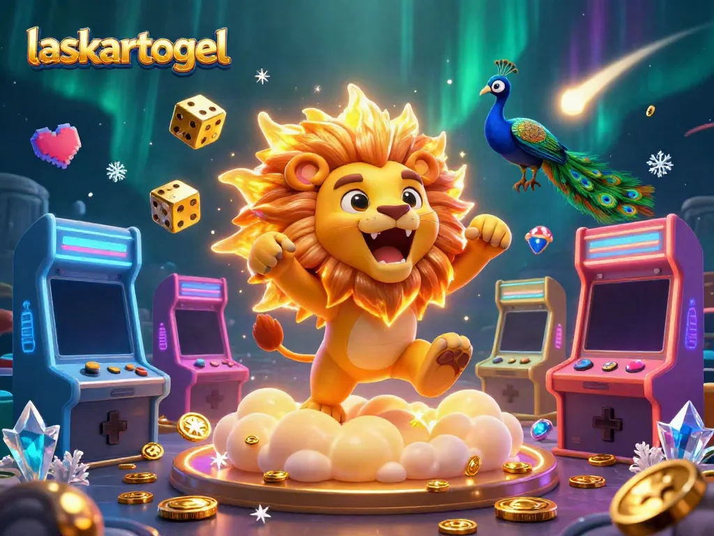 Experience the thrill of laskartogel with a vibrant 3D scene of a roaring lion and lively gaming elements.