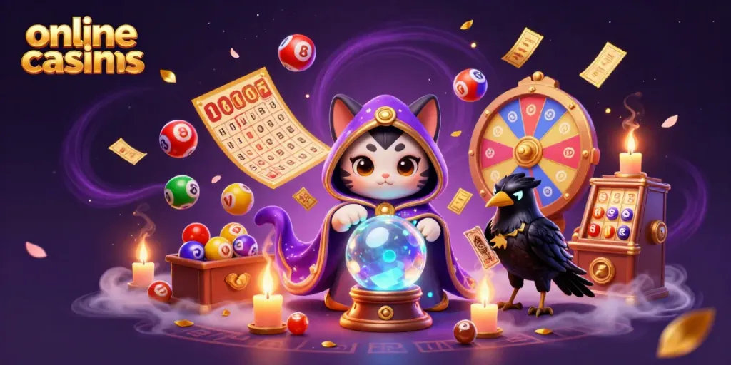 Engage with online casinos through this vibrant scene of fortune teller mystic cat and glowing raven.