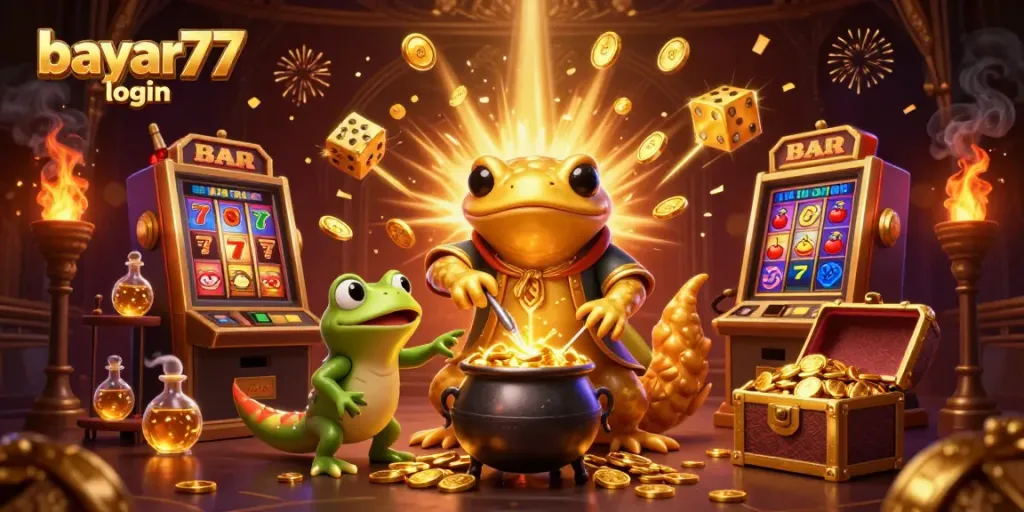 Experience bayar77 login fun with a golden salamander alchemist in a vibrant casino scene.