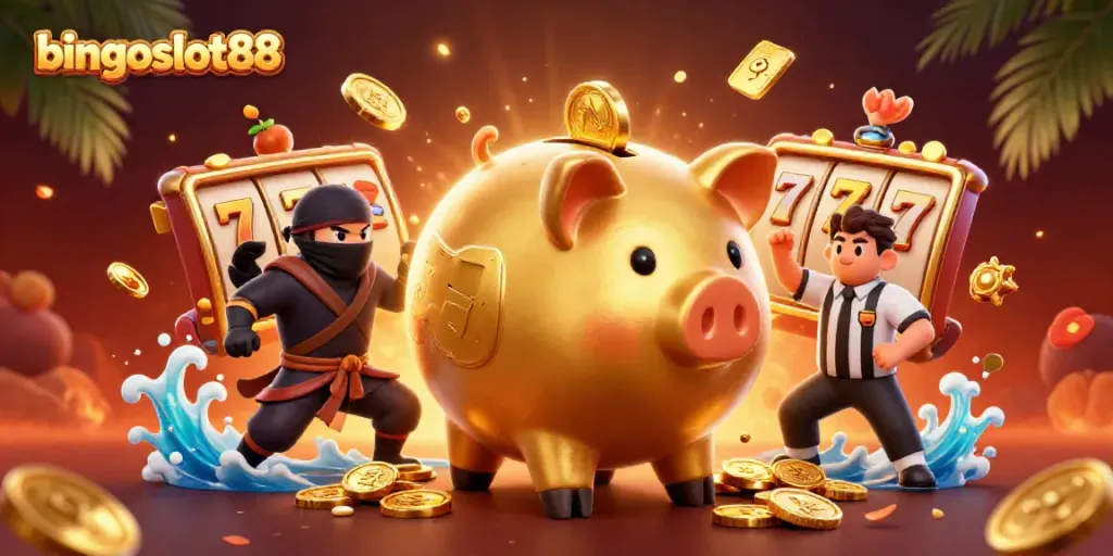 Bermain di bingoslot88 dengan banyak simbol buah dan jackpot yang mengelilingi karakter kartun 3D.