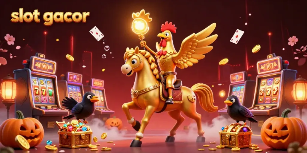 Experience slot gacor excitement with a golden rooster riding through a magical casino scene