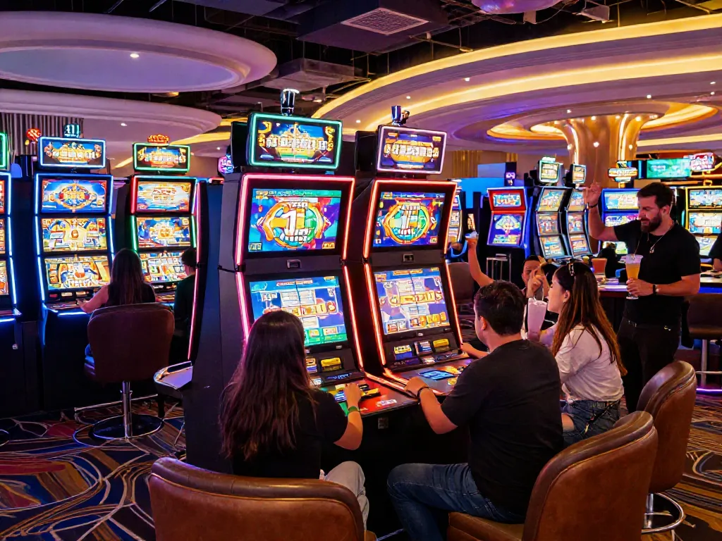 A vibrant gaming scene depicting akunjp players enjoying slot machines in a lively casino.