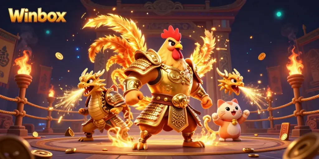 Winbox champions battle in an ultra-detailed 3D casino arena with golden sparks.