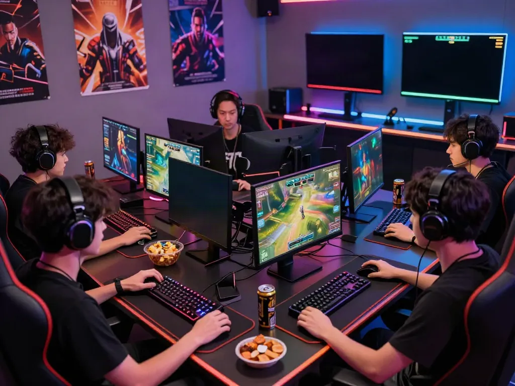 Gamers enjoying an intense session on bro138 platform, with vibrant visuals and gaming gear.