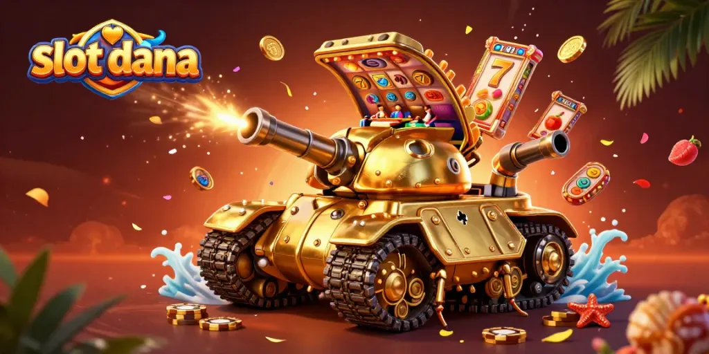Permainan slot dana menyenangkan dengan mesin slot yang berputar dan simbol keberuntungan.