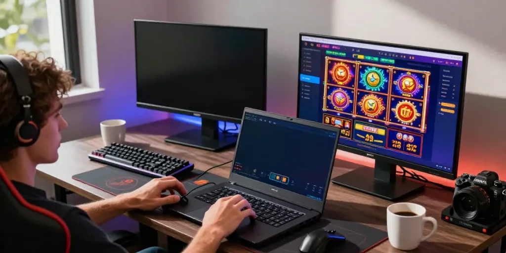 Engaged gamer playing ทดลองสล็อต on a high-resolution monitor in a stylish setup.