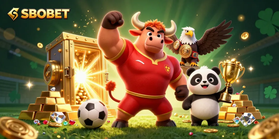 SBOBET menawarkan taruhan olahraga dengan karakter kartun banteng, elang, dan panda di latar belakang glamor.