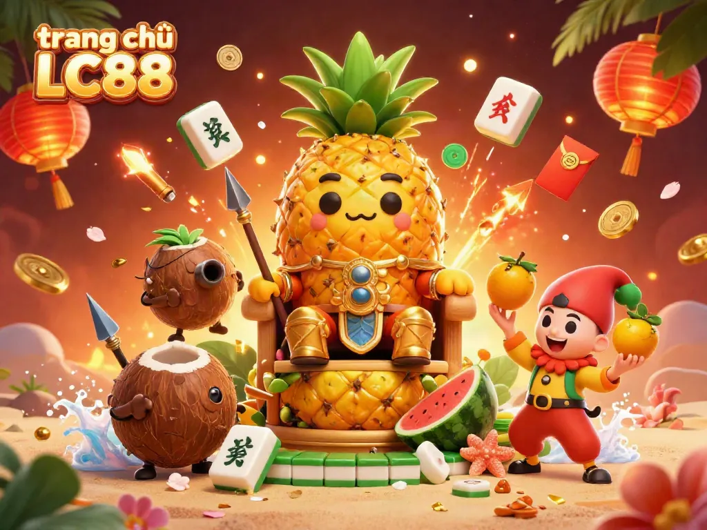 Experience the vibrant atmosphere of the trang chủ LC88 featuring the golden pineapple king surrounded by tropical elements in a lively beach casino.