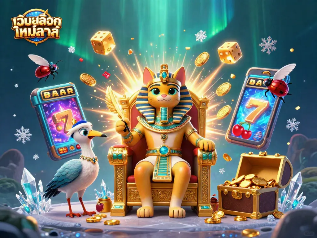 เล่นเกมสล็อตใหม่ล่าสุดด้วยความสนุกสนานภายในภาพที่มีฟาโรห์แมวและเครื่องสล็อต