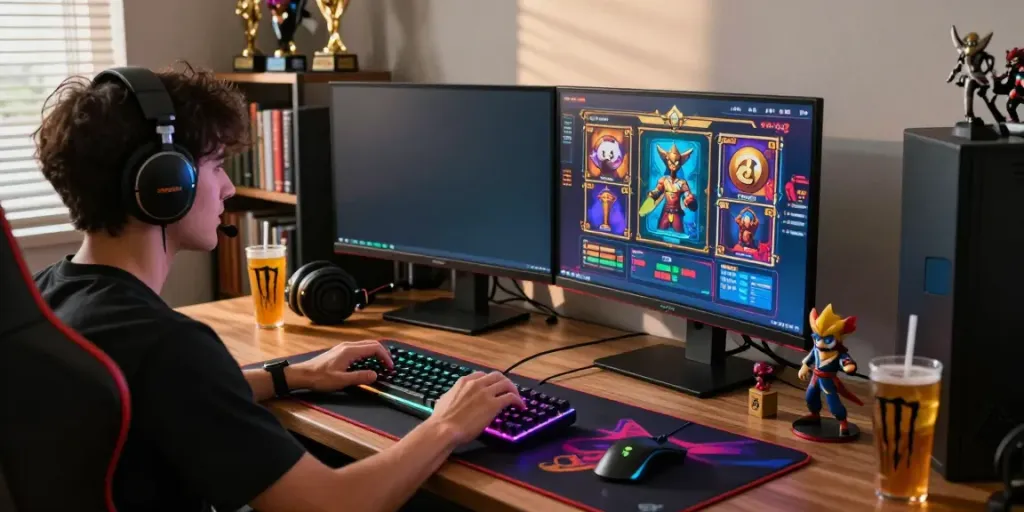 Gamer immersed in playing akunjp slot games with dual monitors and gaming accessories.
