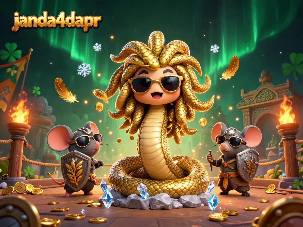 Menggambarkan aksi permainan di platform janda4dapr dengan karakter Medusa yang ramah dan pejuang tikus di arena perjudian, dikelilingi oleh koin emas dan efek visual kaya.