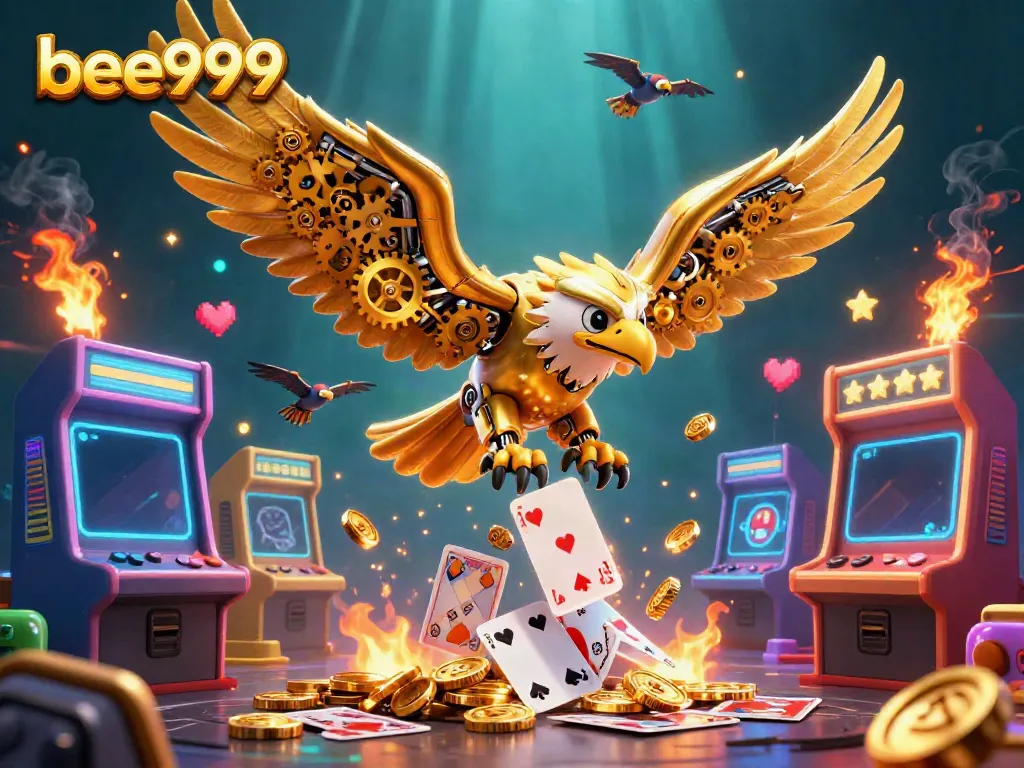 Witness the thrilling action of bee999 with a golden eagle soaring through a sea of vibrant cards.