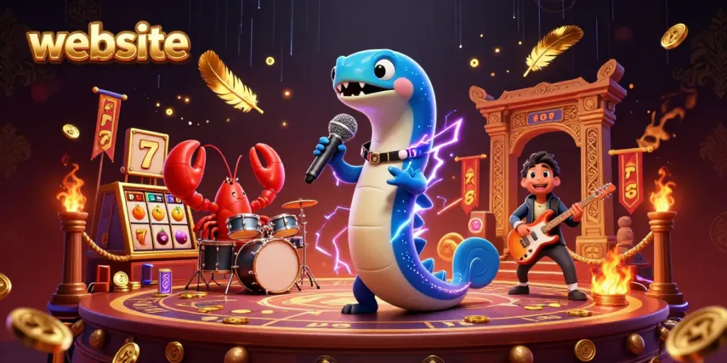 Website slot dengan 3D kartun belut listrik sebagai DJ di panggung kasino bawah laut.