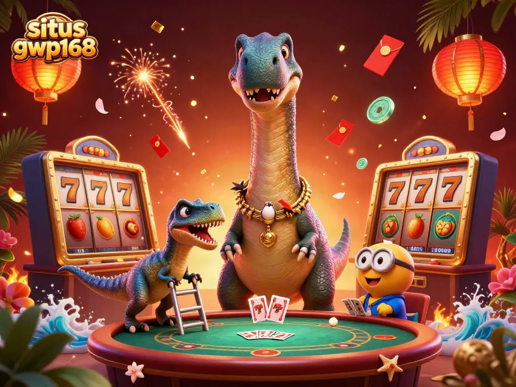 Permainan kasino menarik di situs gwp168 dengan dinosaurus dan elemen slot yang mencolok.