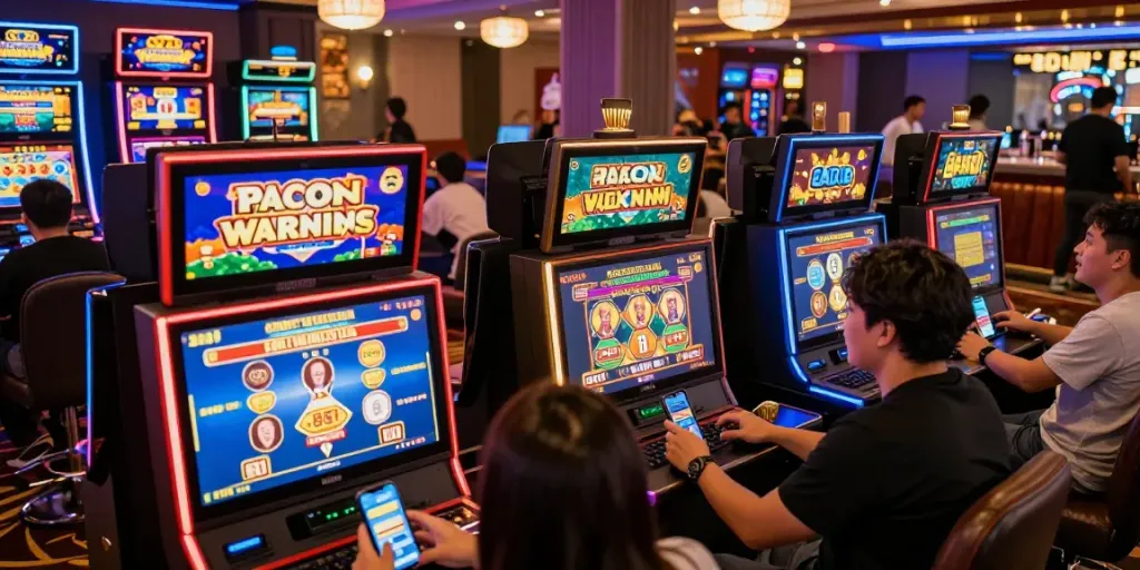 Exciting players engaging with slot gacor games in vibrant online casino atmosphere