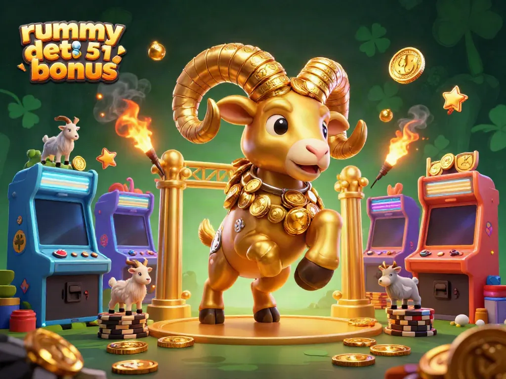Permainan Rummy Deity 51 bonus yang menarik dengan karakter emas dan mesin permainan bercahaya.