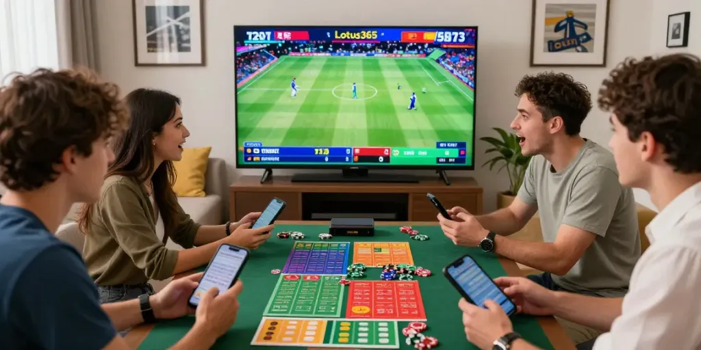 Excited friends enjoying live sports betting on Lotus365 with mobile devices and colorful betting slips.