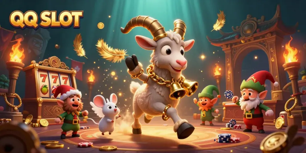 Engage in thrilling QQ SLOT gaming with festive characters at a vibrant casino.