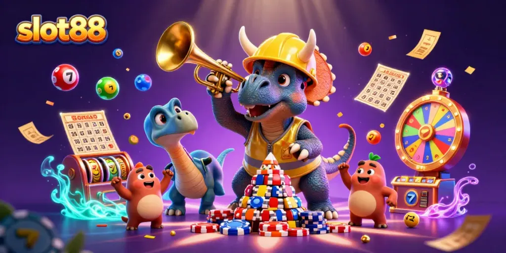 Slot88 dan triceratops merayakan jackpot dengan banyak simbol slot yang memancar.