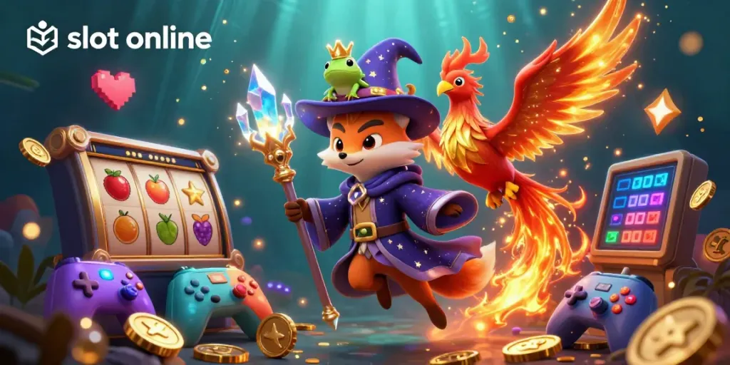 Experience thrilling slot online visuals with 3D wizard fox and phoenix amid colorful game elements.