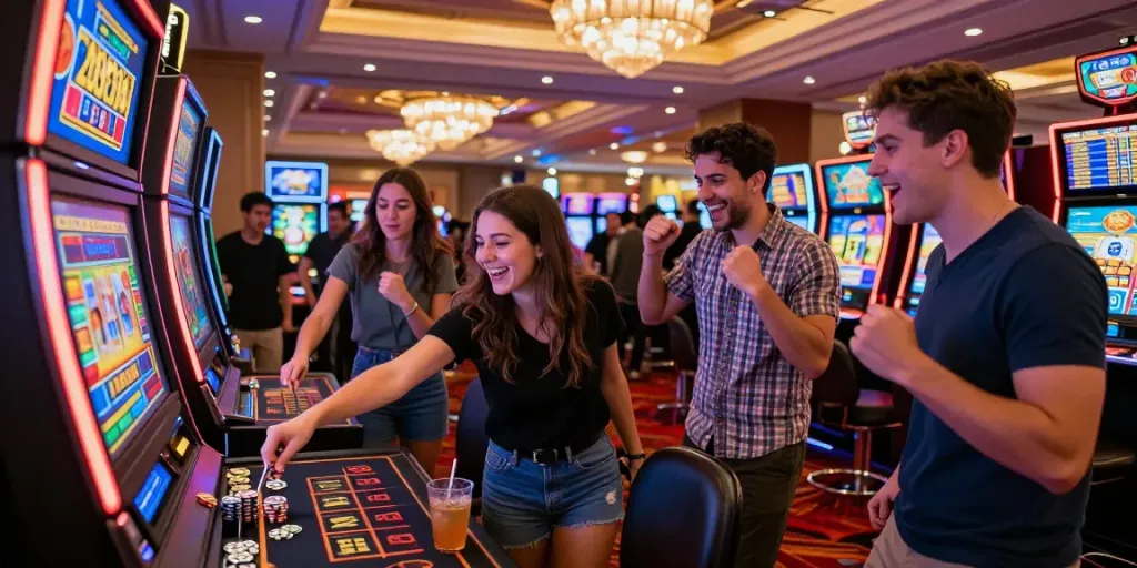 Exciting gambling moment at a slot888 machine with friends cheering.