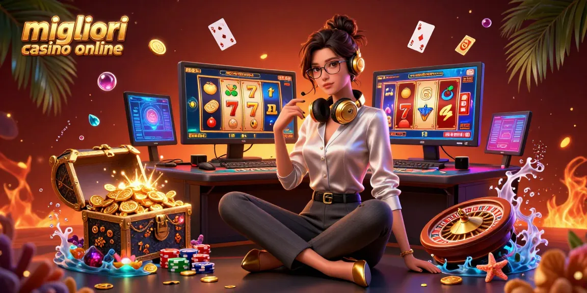 Scopri l'emozione dei migliori casino online attraverso una scena 3D dinamica che mostra un gameplay elegante con rulli delle slot e vivaci elementi da casinò.