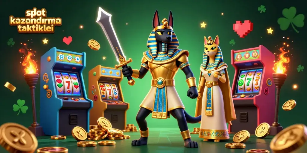 Engaging visual showcasing slot kazandırma taktikleri with Anubis and Bastet in a vibrant casino atmosphere.