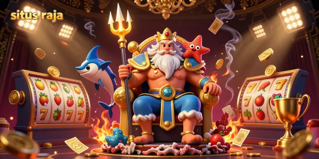 Menangkan slot di situs raja dengan pemandangan kasino penuh warna yang menampilkan Raja Laut dengan elemen slot dan emas.