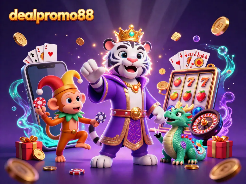 Engage in the excitement of dealpromo88 with a vibrant casino scene featuring a majestic tiger, playful monkey, and dragon.