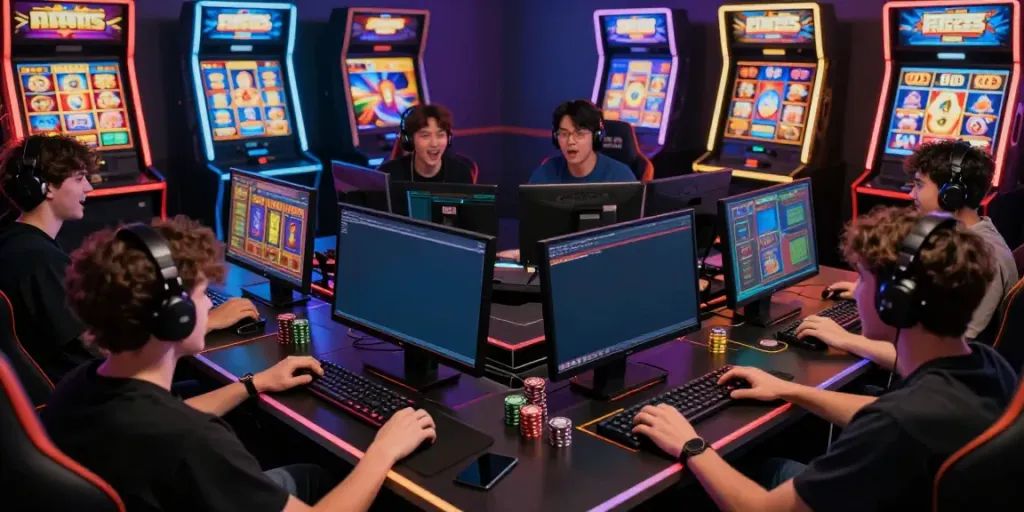 Diverse group of players experiencing the excitement of slot jackpot games in a vibrant online gaming setup.