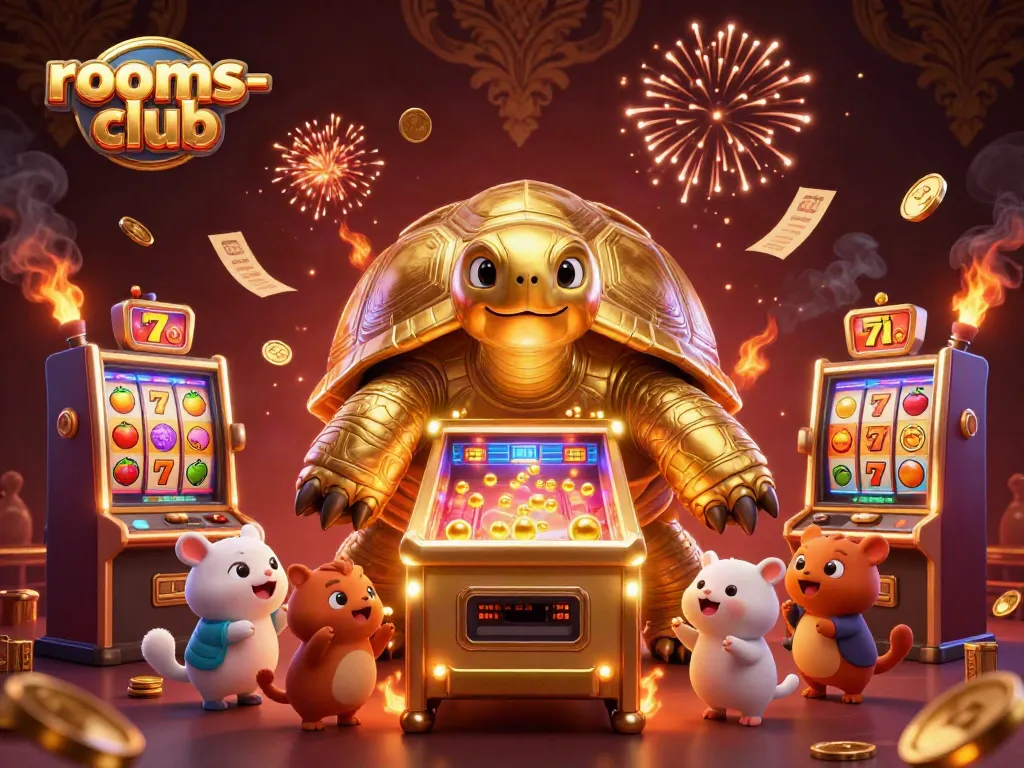 Permainan slot seru di rooms-club, dengan kura-kura emas raksasa berfungsi sebagai mesin pinball.