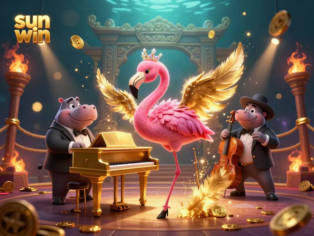 Engage in sun win's vibrant casino atmosphere with dazzling flamingo and hippo musicians amidst golden coins and dynamic game elements.