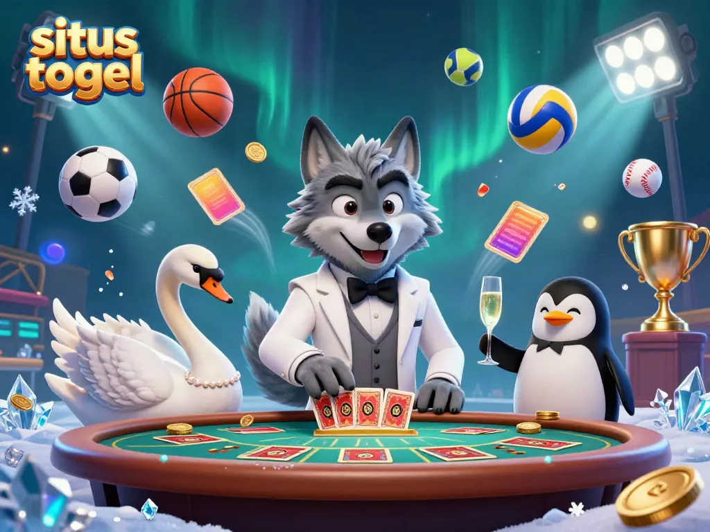 Engaging scene featuring situstogel elements with a 3D debonair wolf and a swan dealer, showcasing thrilling casino action.