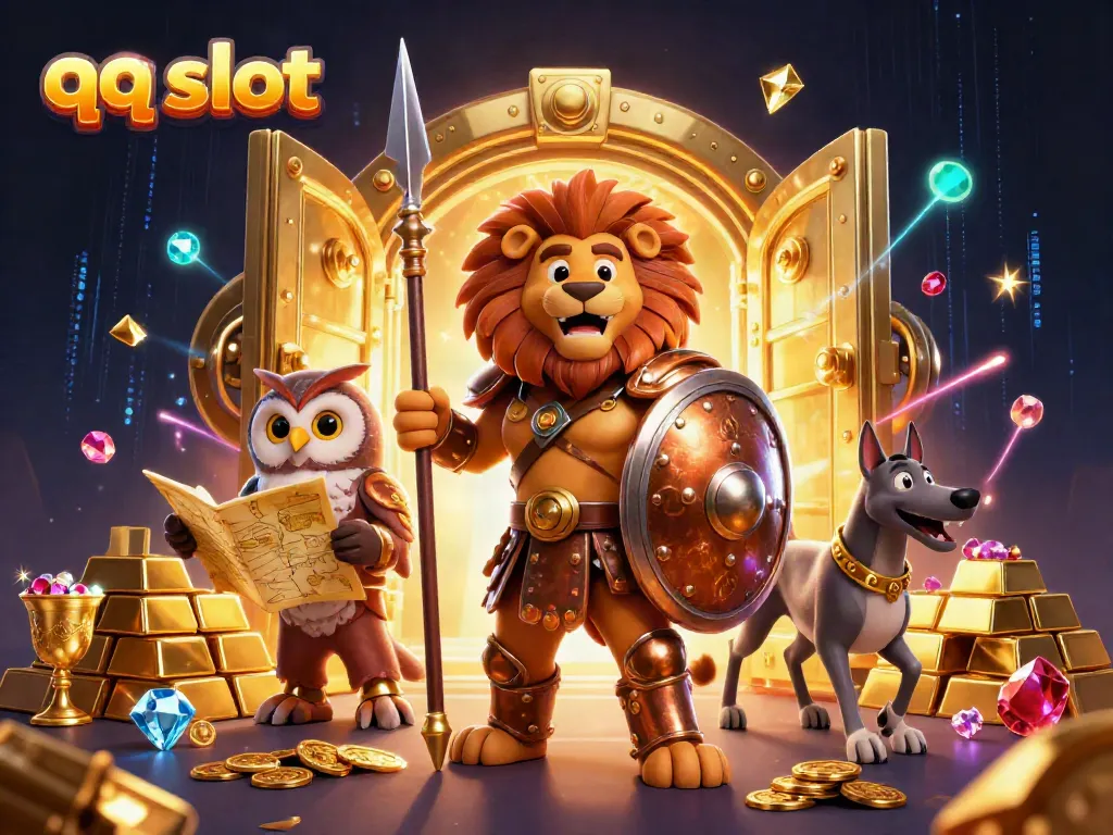 Experience thrilling wins with qq slot, featuring vibrant cartoon characters amidst golden treasures.