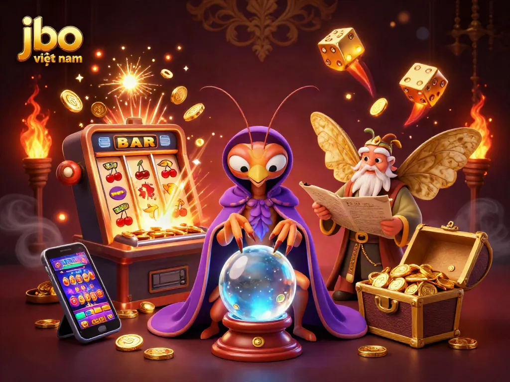 Engage with jbo việt nam as a vibrant illustration showcasing fortune tellers and casino excitement.
