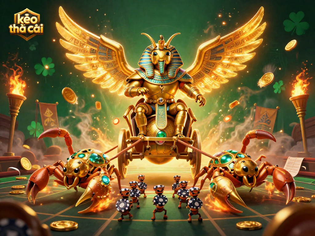 Engage with kèo nhà cái as a golden scarab beetle and scorpions dominate a vibrant betting arena.
