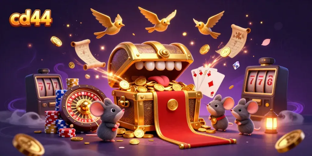 Join exciting adventures at cd44 Casino, filled with treasures, roulette, and vibrant game elements.