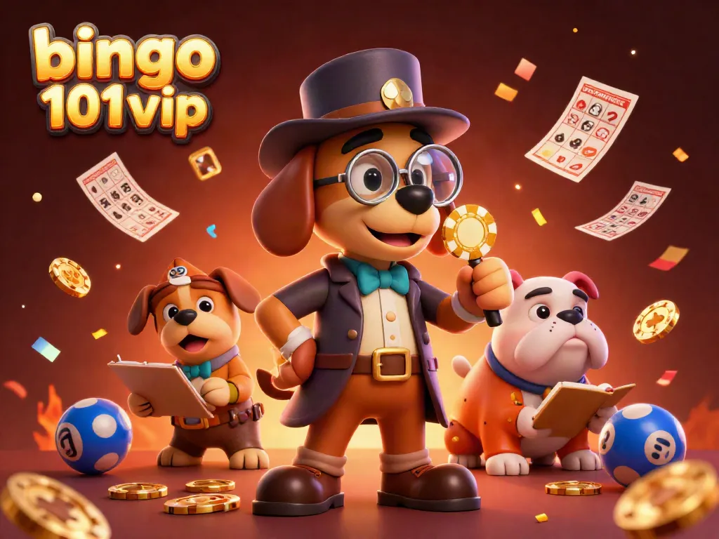 Merayakan bingo 101 vip dengan koin berkilauan, bola bernomor, dan kartu bingo yang melayang di udara.