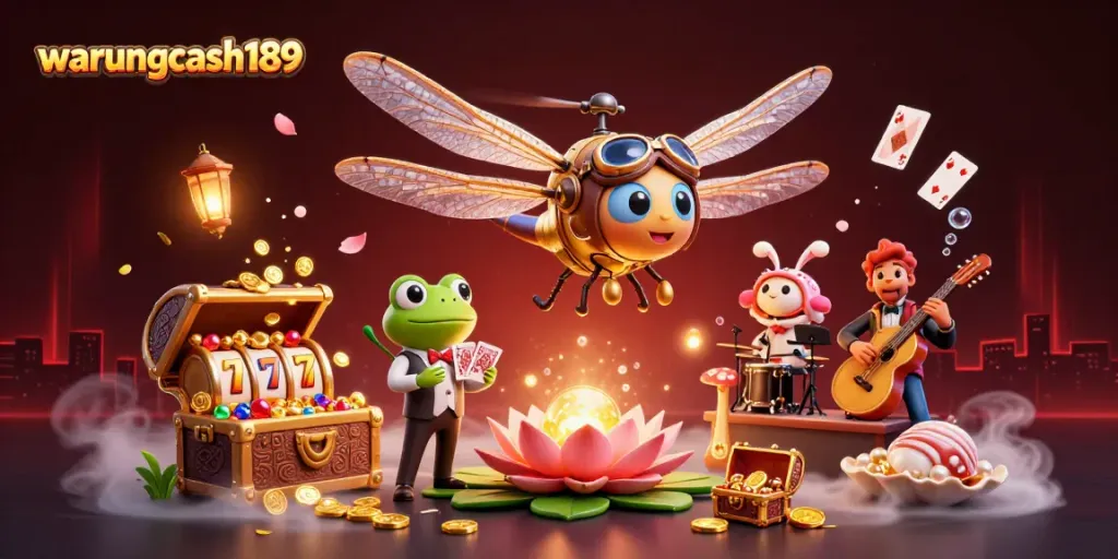 Engage in exciting gameplay with warungcash189's lively casino scene featuring a dragonfly pilot and frog croupier.