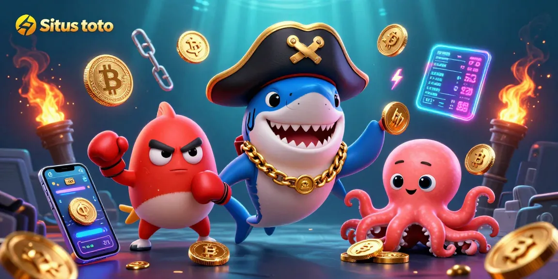 Situs toto offers vibrant gaming action with pirate-themed characters and cryptocurrency elements celebrating online gambling