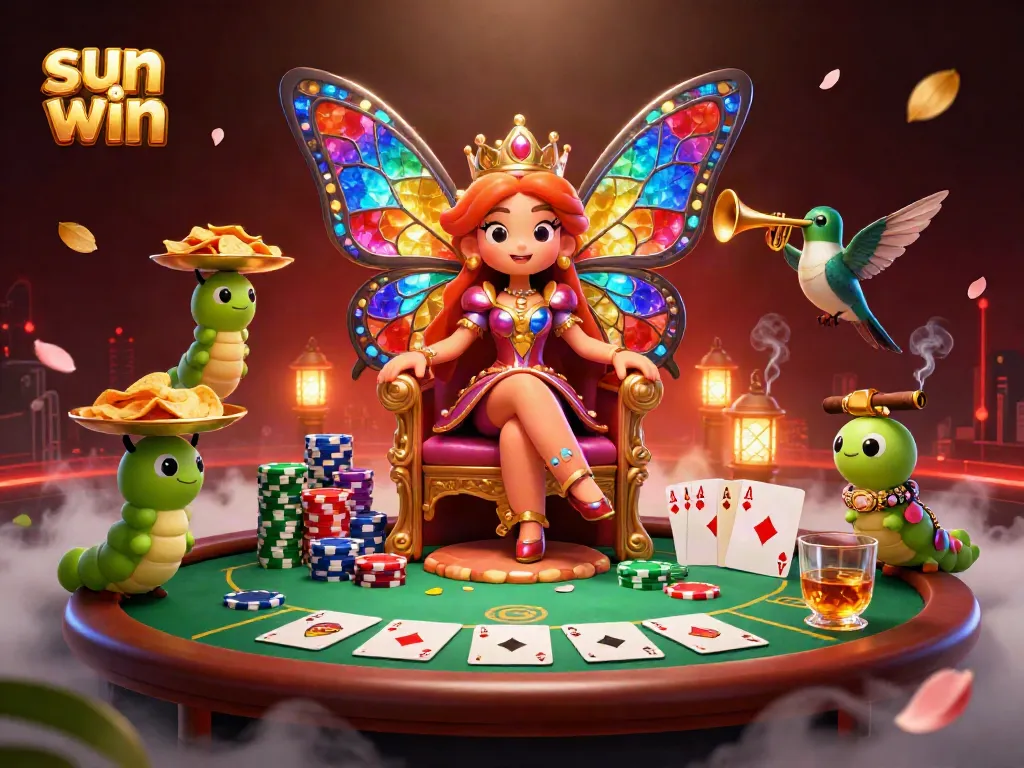 Engage in thrilling card games at Sun Win with an enchanting butterfly queen, vibrant poker elements, and dynamic casino atmosphere.
